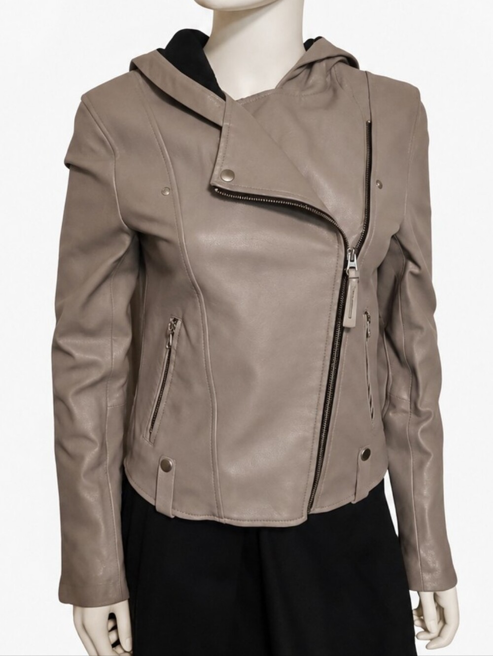 MACKAGE | Gray Lambskin Asymmetrical Zip Hooded Moto Leather Jacket XS